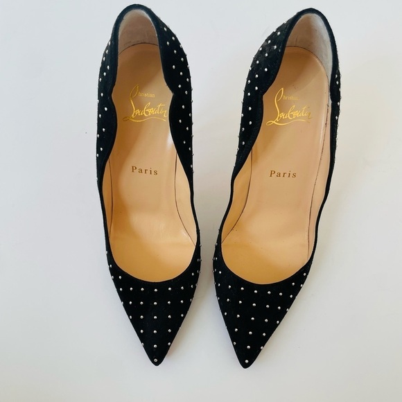 Christian Louboutin Black Suede leather Hot Chick 100mm studded plume pumps EU37 - Picture 4 of 9